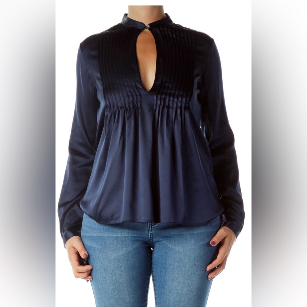 THEORY Blue Bianca Silk Pleated Keyhole Long Sleeve Blouse Size S